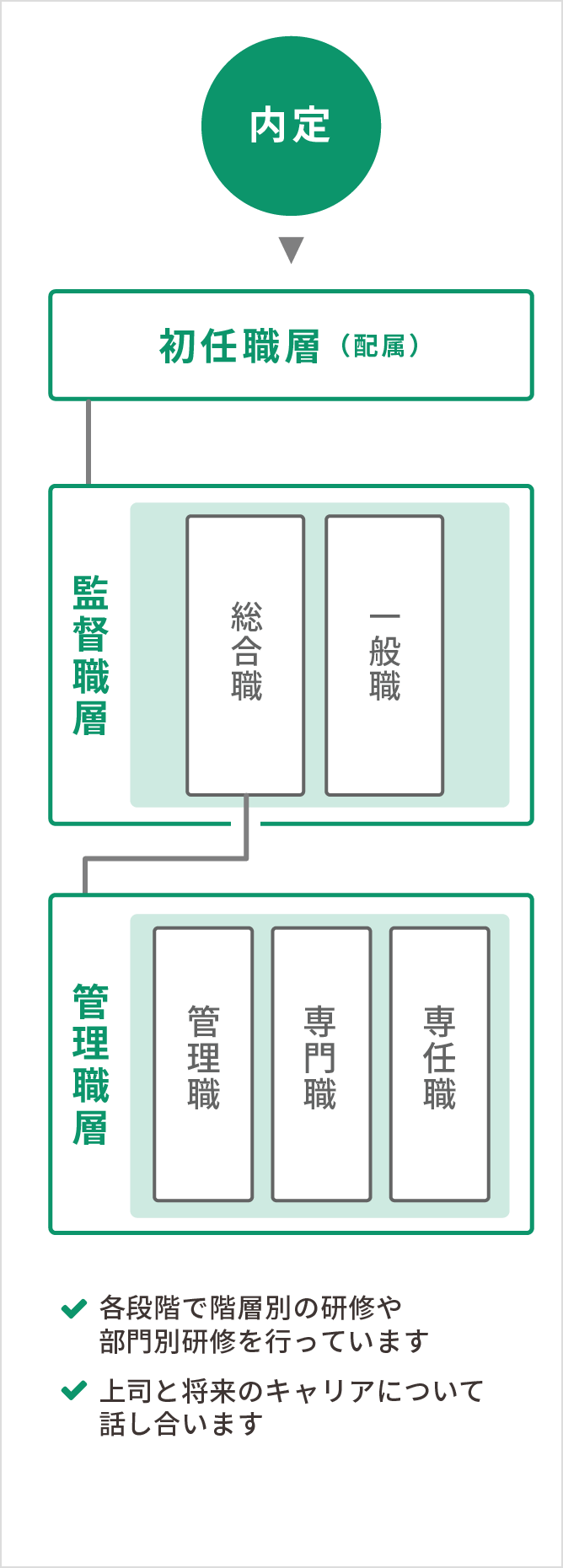 内定→所任職（配属）　監督職層　・総合職　・一般職　管理職層　・管理職・専門職・専任職